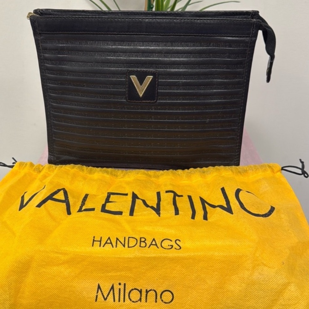 Mario Valentino Black with Gold V Logo Quilted Clutch/Authentic